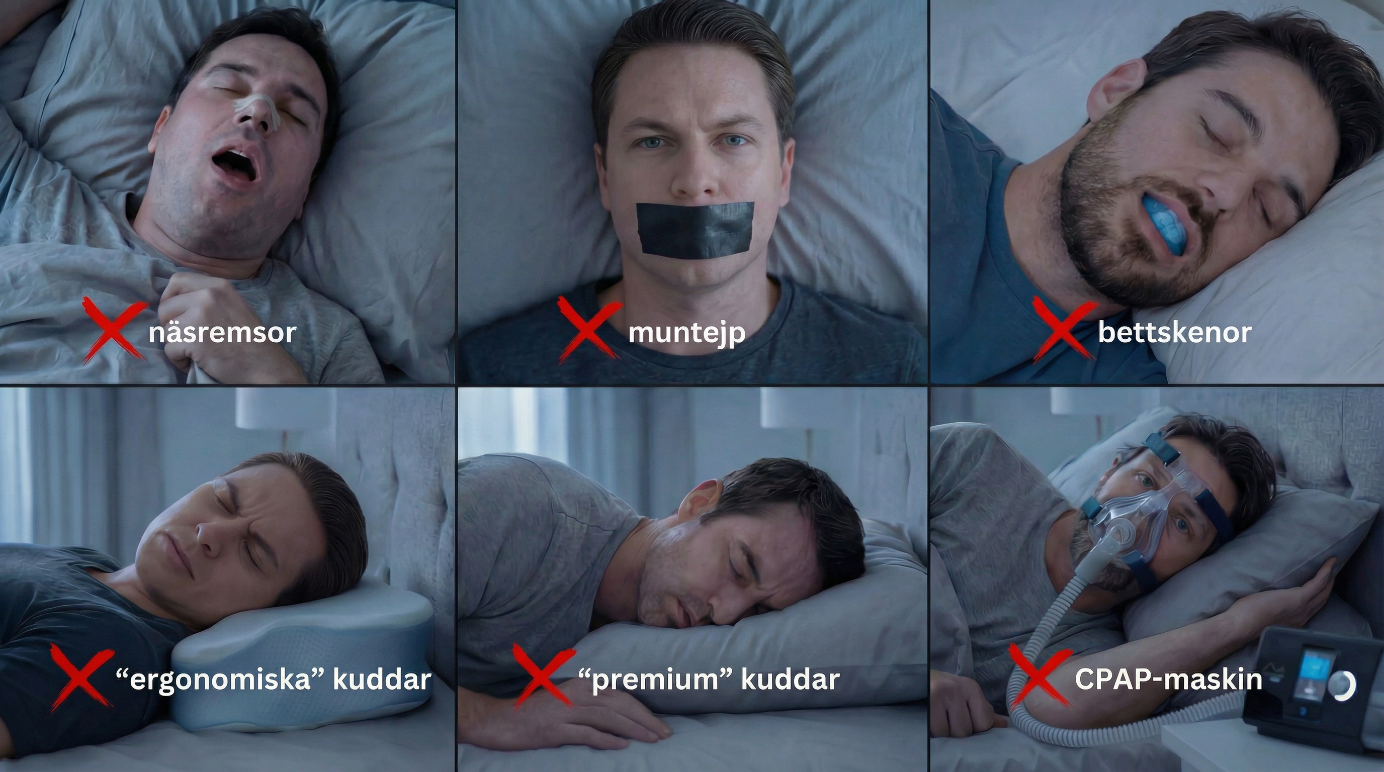 Vanliga lösningar mot snarkning som inte fungerar: näsremsor, muntejp, bettskenor, ergonomiska kuddar, premiumkuddar, CPAP maskin
